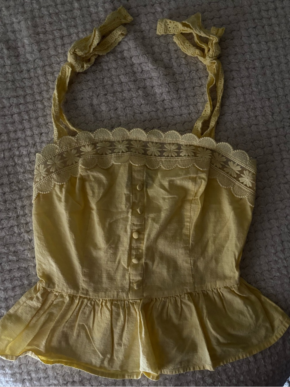 Yellow Lace-Trim Tank Top with Peplum